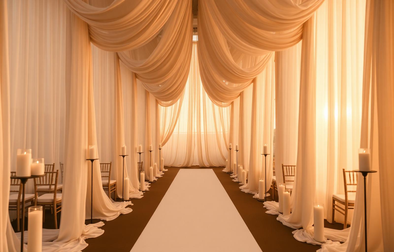 Minimalist wedding aisle with drapes and candles