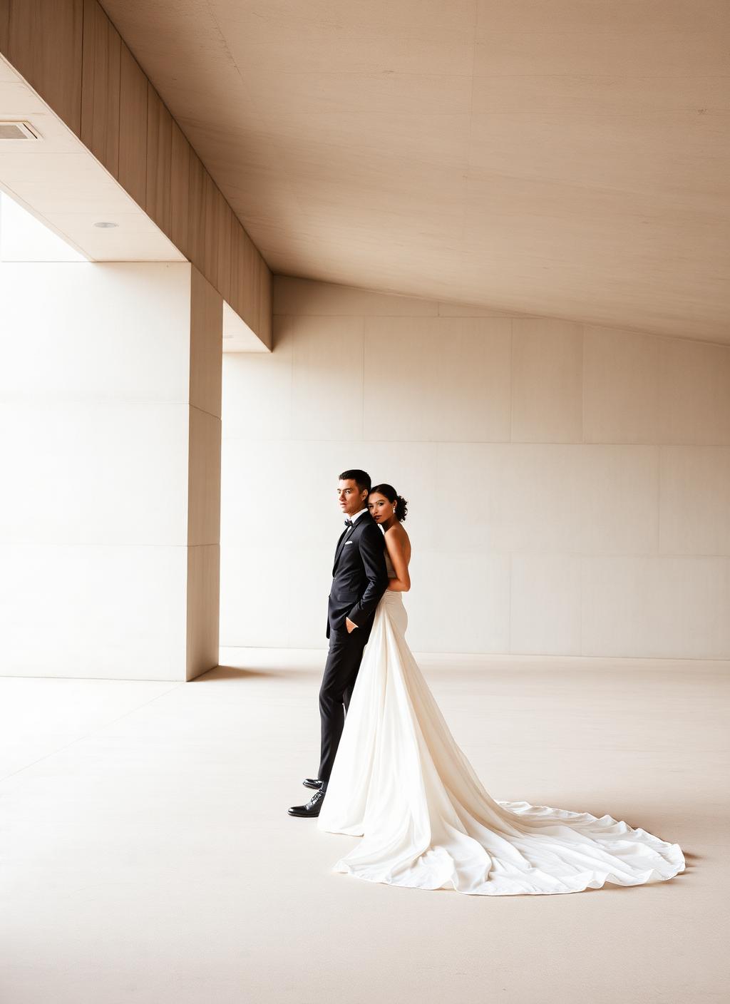 Couple in minimalist concrete architectural space