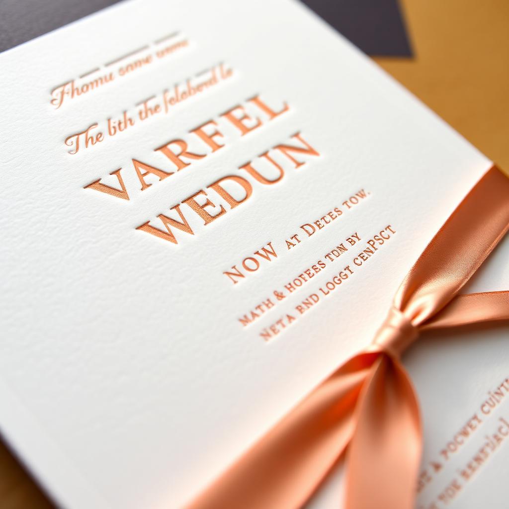 Letterpress wedding invitation with silk ribbon